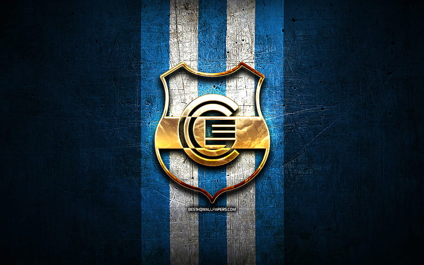 Gimnasia y Esgrima FC, golden logo, Primera Nacional, blue metal  background, football, argentinian football club, Gimnasia