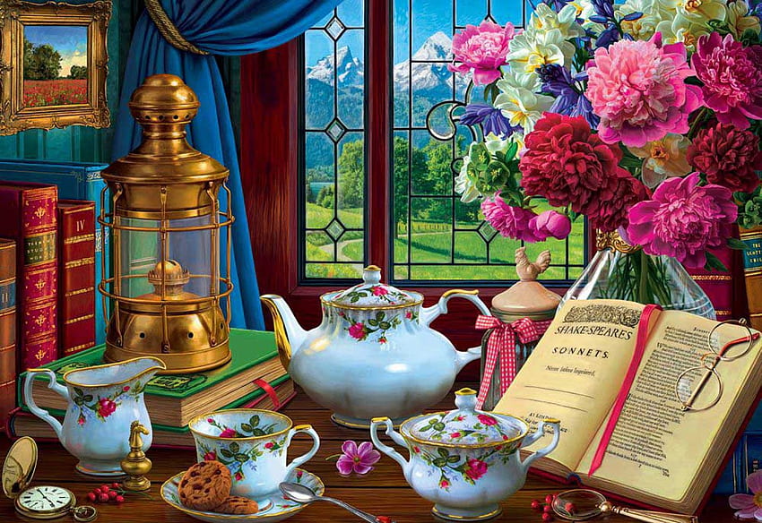 Zestaw do herbaty, okno, porcelana, książki, stół, , lampa, kwiaty Tapeta HD