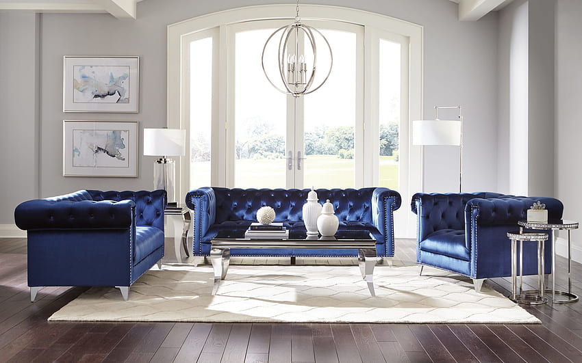 interior klasik, sofa klasik biru, desain penuh gaya, lampu gantung logam bulat, ide ruang tamu, gaya interior klasik Wallpaper HD