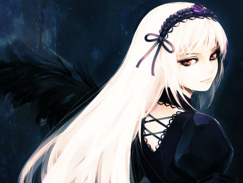 Suigintou, gothic, headband, rozen maiden, girl, long hair, dress, anime, white hair, golden eyes HD wallpaper