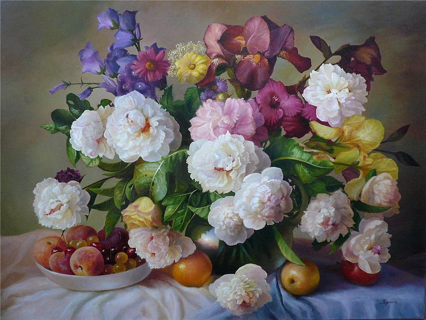 Fiori per Helen, tavolo, bouquet, pittura, frutta, fiori, stoffa, ciotola Sfondo HD