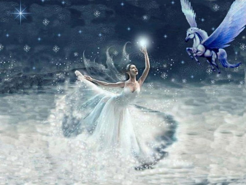 Пегас и балерина фея, фея, крила, крилати, облаци, снежни люспи, звезди, балерина HD тапет
