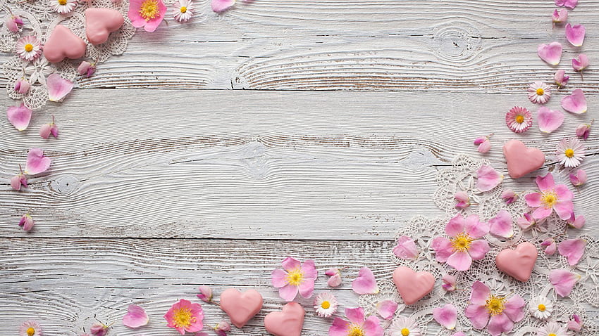Heart Roses Petals Bellis Flowers Template greeting card Boards Wood planks. , Backdrops background, Flowers, Wooden Floral HD wallpaper