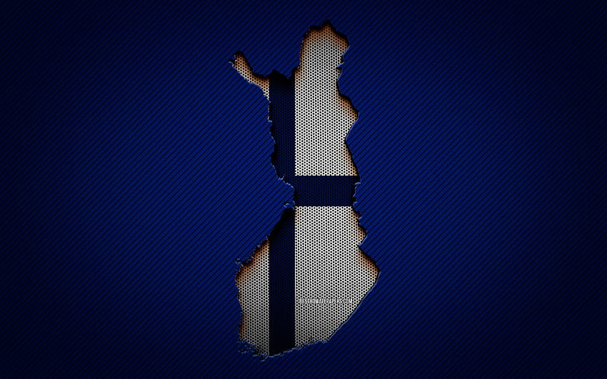Карта на Финландия, европейски държави, финландско знаме, син въглероден фон, силует на карта на Финландия, флаг на Финландия, Европа, финландска карта, Финландия, флаг на Финландия HD тапет