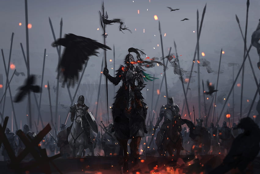 Knight, horses, dark, battle ground, artwork HD wallpaper