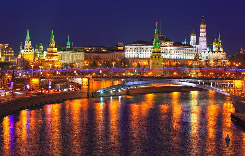 нощ, град, светлини, отражение, река, Москва, Кремъл, Русия, Русия, Москва, Кремъл за , раздел город HD тапет