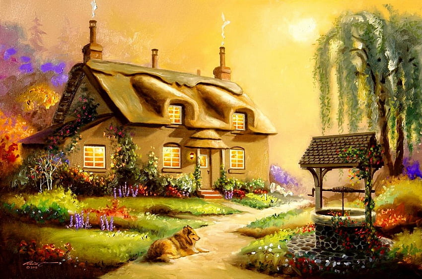 Friedliches Land, Haus, Garten, friedlich, schön, Land, Nebel, hübsch, Gasse, Blumen, Hütte, lieblich, Sonne HD-Hintergrundbild