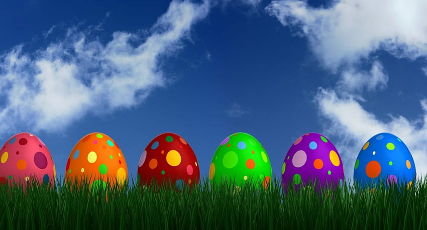 Uova di Pasqua, vacanza, Pasqua, nuvole, cielo, erba, uova, puntini Sfondo HD