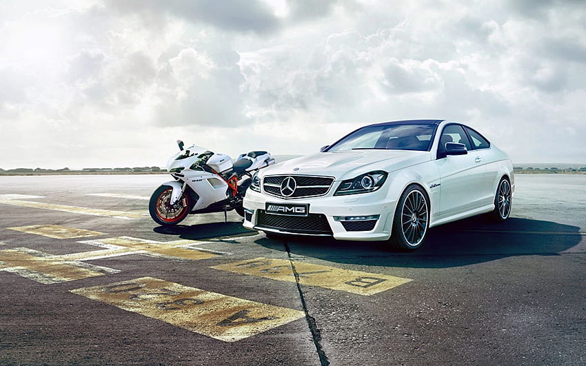 Ducati Mercedes Benz C63 Amg 848 White Motorcycle Automobile, Car and Motorcycle HD wallpaper