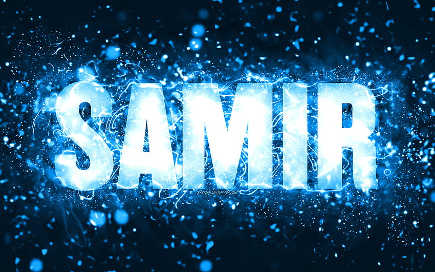 Happy Birtay Samir, luci al neon blu, nome Samir, creativo, Samir Happy Birtay, Samir Birtay, famosi nomi maschili americani, con nome Samir, Samir Sfondo HD