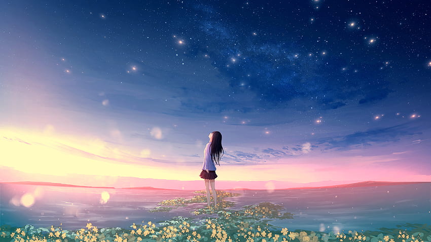 Asli, matahari terbenam, lanskap, gadis anime Wallpaper HD