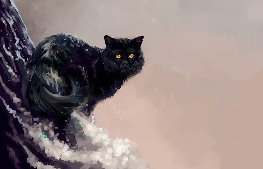 Gatto, pisica, nero, pittura, arte, pictura Sfondo HD