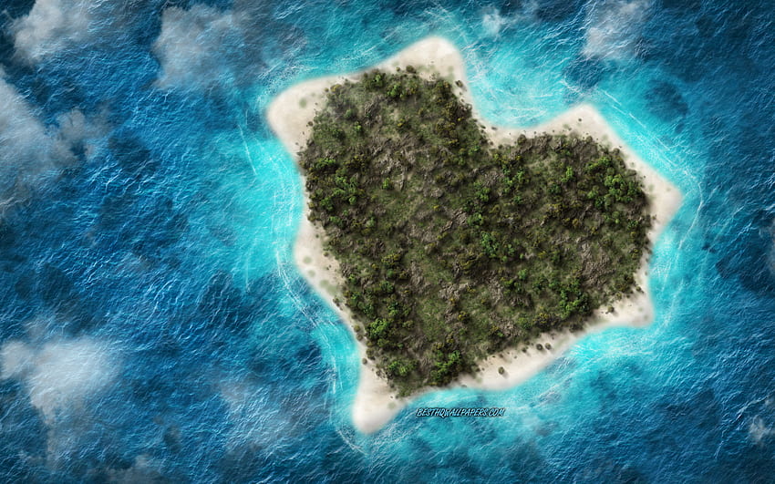 Île du cœur, lieux romantiques, île en forme de cœur, concepts d'amour, romance, île tropicale, océan, vue de dessus de l'île du cœur Fond d'écran HD
