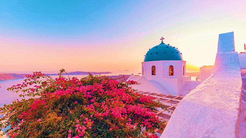 Santorini, Yunanistan - Begonvil, Ege Denizi, çiçekler, çiçekler, gün batımı, deniz, manastır, manzara HD duvar kağıdı