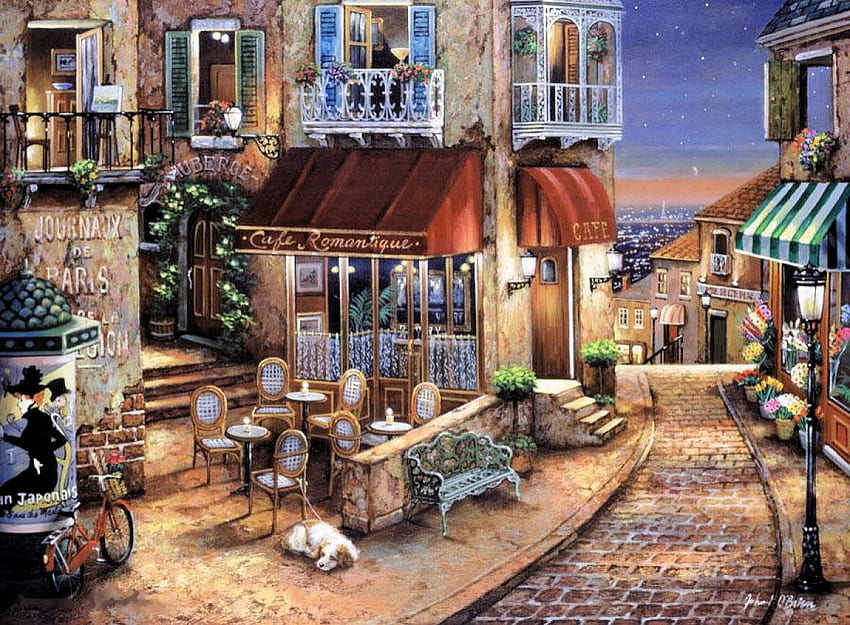Cafe Romantique, chairs, restaurant, paris, painting, tables, street, houses HD wallpaper