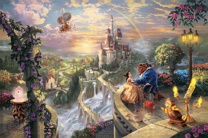 Beauty And The Beast, fantasi, pohon, bunga, kastil, binatang buas, air, keindahan Wallpaper HD