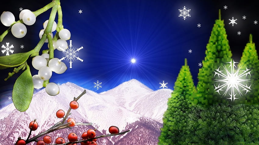Scena natalizia, stella, natale, albero, montagna Sfondo HD
