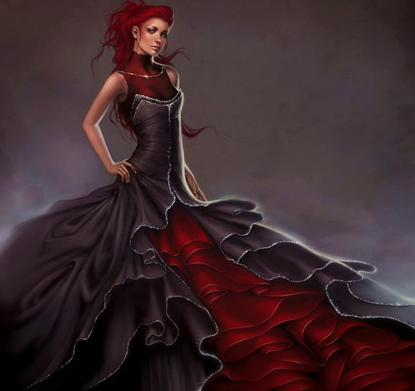 Dziewczyna, sukienka, ciemna, czerwona Tapeta HD