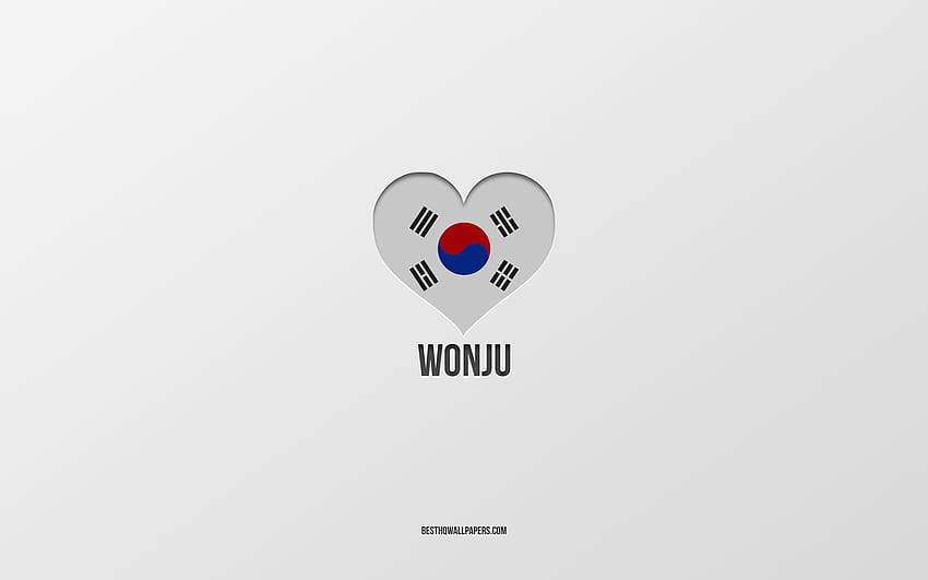 I Love Wonju, South Korean cities, Day of Wonju, gray background, Wonju, South Korea, South Korean flag heart, favorite cities, Love Wonju HD wallpaper