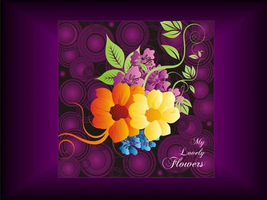 My Lovely Flowers, purple circles, art, black frame, vines, tropical flowers HD wallpaper