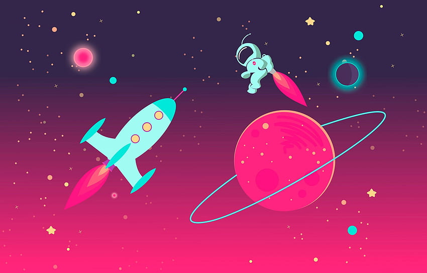 Cartoon Astronaut and Rocket in Outer Space, background, cosmonaut • For You For & Mobile HD wallpaper