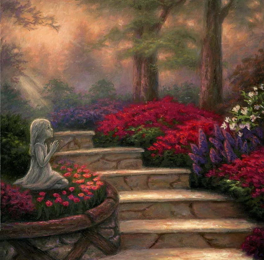 Stufen der Vorsehung, Stufen, Garten, Sonnenstrahlen, Gemälde, kleine Mädchenstatue, Blüten, Bäume, Natur, Blumen HD-Hintergrundbild