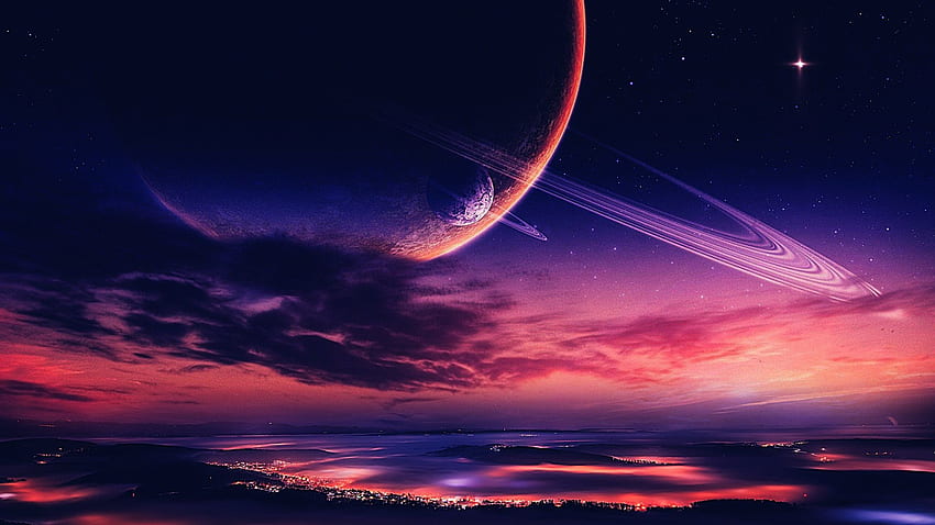 City, Cloud, Moon, Night, Planet, Purple, Sky & Background HD wallpaper