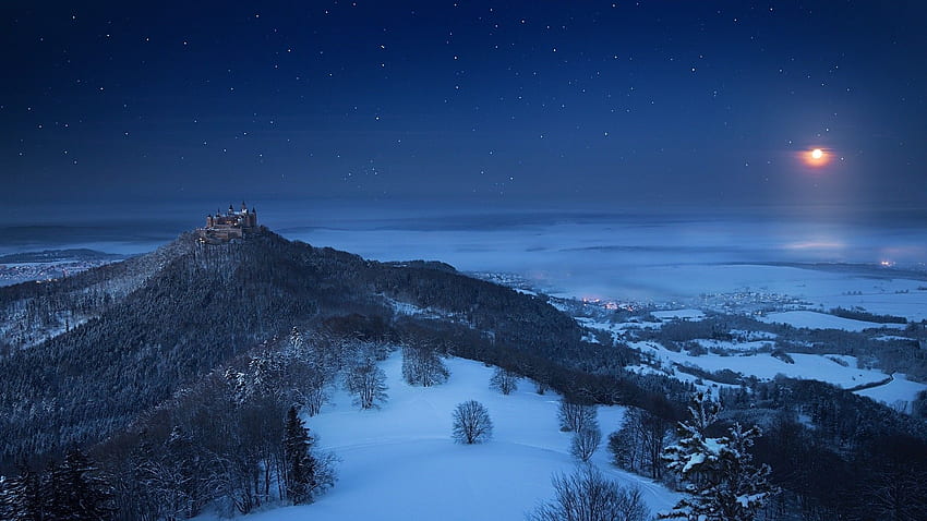 Landscape, Nature, Winter, Castle, Snow, Forest, Moon, Starry Night ...