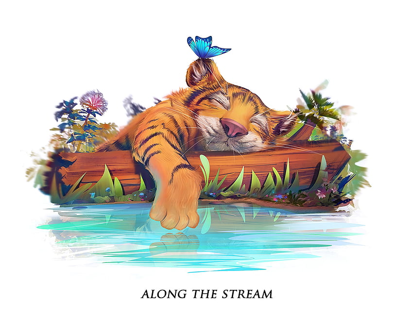 Le long du ruisseau, andre boulard, fantasy, papillon, tigre, art, tigru, eau, sommeil, patte Fond d'écran HD