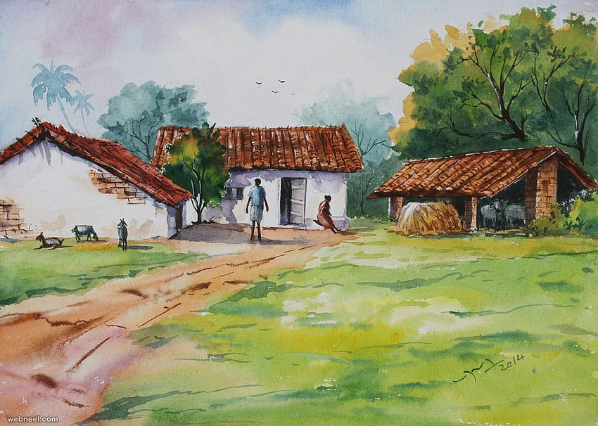 Best Watercolor Paintings From Top artists around the world, Indian Village HD wallpaper