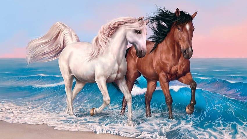 horses, , , run, sea, ocean, sunset, white, brown HD wallpaper