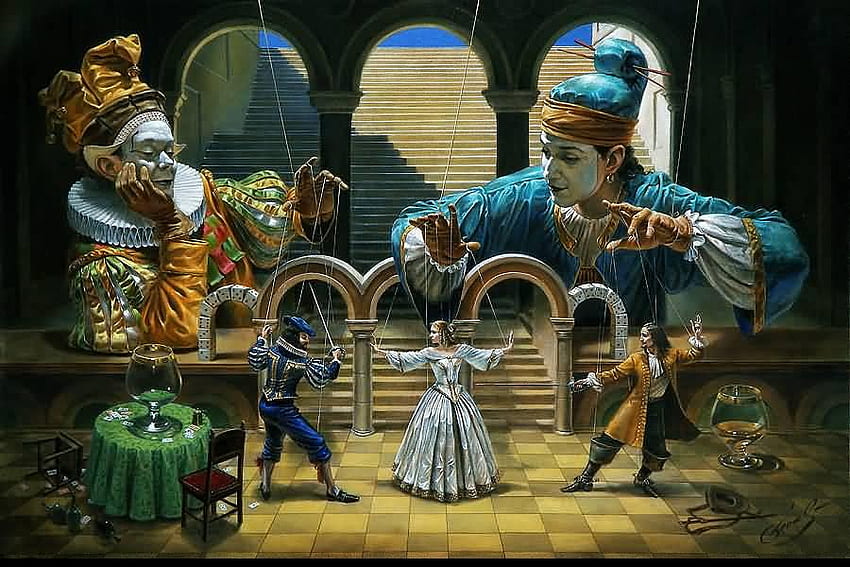 Michael Cheval - Art of Diplomacy, blue, table, art, surrealist, art of diplomacy, harlequin, painting, michael cheval, green, glass, wine HD wallpaper