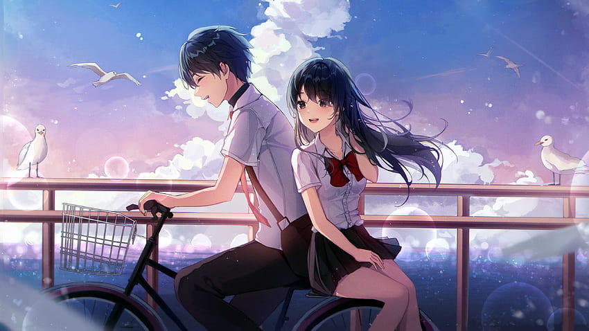 Beautiful Anime Couple With Uniform Pigeon Birds White Clouds Blue Sky Background Anime Couple HD wallpaper