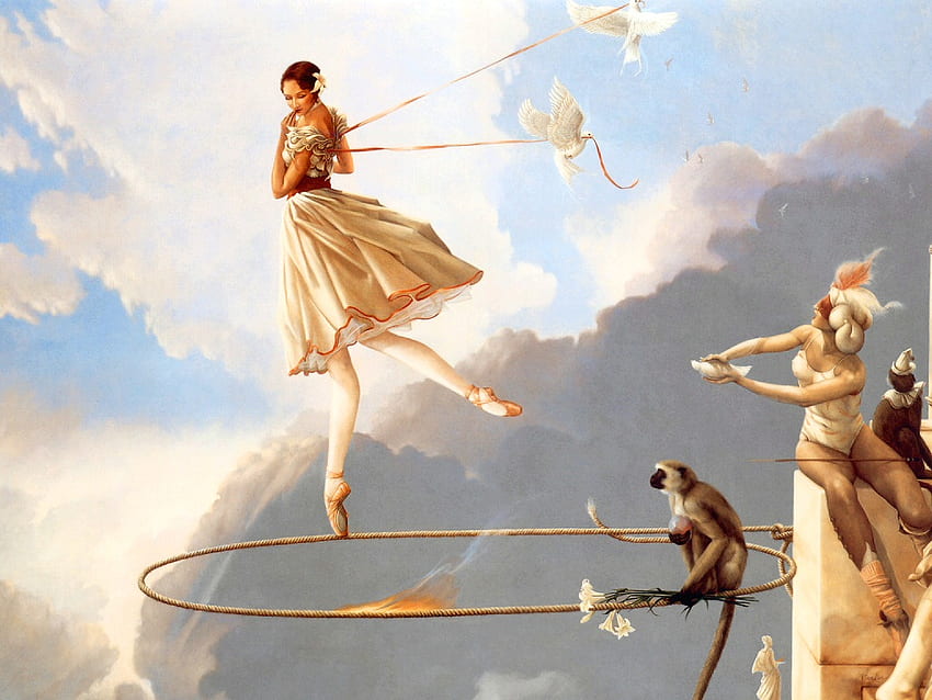 Fearless Ballerina, monkey, abstract, fantasy, clouds, sky, doves, ballerina, mountain HD wallpaper