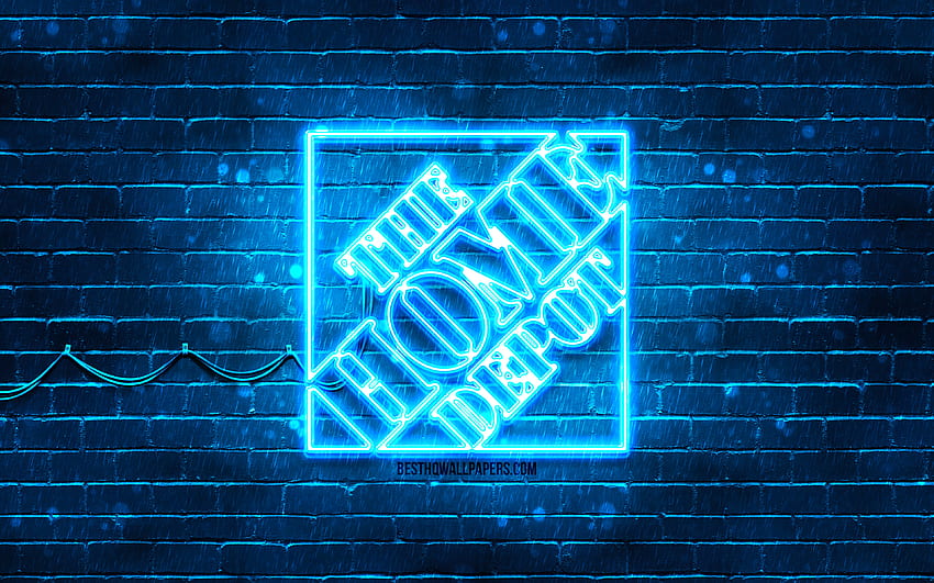 Home Depot blue logo, , blue brickwall, Home Depot logo, brands, Home Depot neon logo, Home Depot HD wallpaper