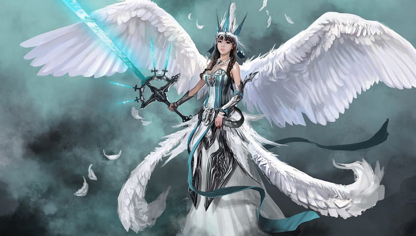 Angel Princess, wings, crown, angel, sword HD wallpaper