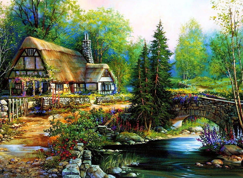 Cabaña tranquila, pacífica, pintura, colores, puente, hermosa, cabaña, encantadora fondo de pantalla