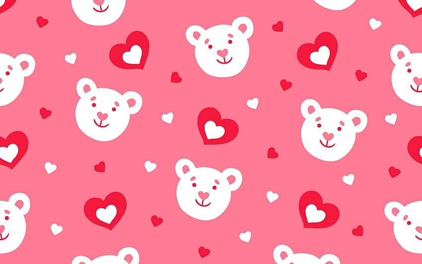 Texture, pink, teddy bear, white, paper, heart, child, pattern HD wallpaper