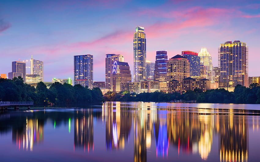 Austin, Texas, EUA, arranha-céus, noite, paisagem urbana, luzes da cidade, edifícios modernos para com resolução. Alta qualidade papel de parede HD