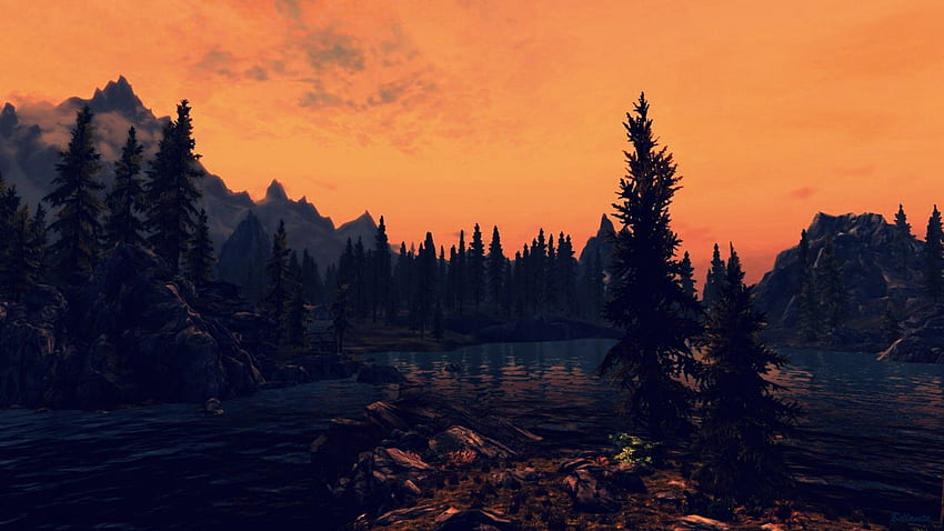 Sunset, colorful, glow, beautiful, orange, lake, pretty, sky, mountains, lovely HD wallpaper