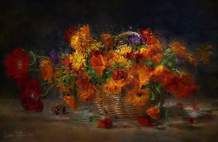 Flores de otoño, arte, cesta, naranja, pintura, pictura, flor, rojo, otoño, luminos fondo de pantalla