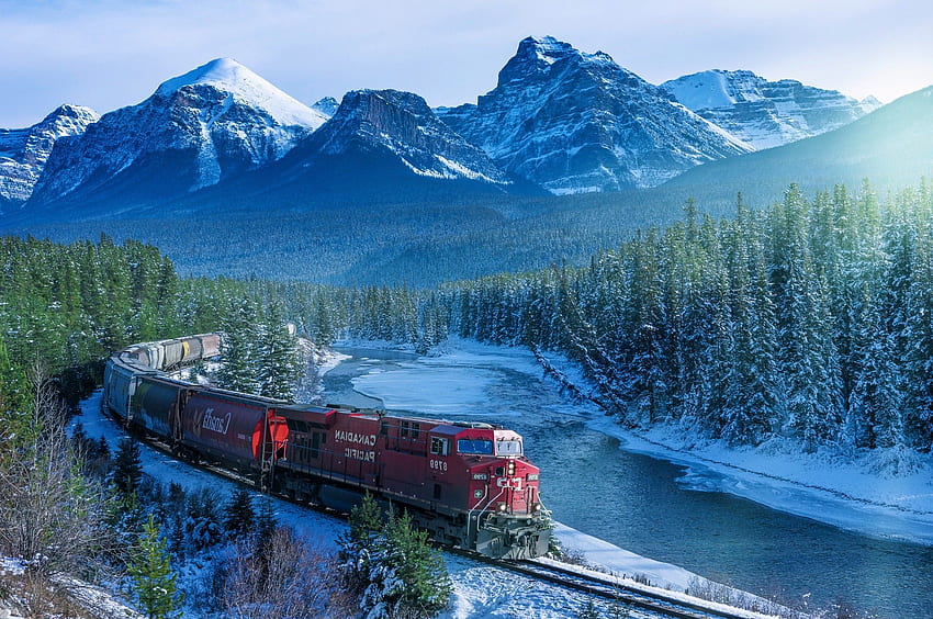 列車, カナダ, 横向き, 山, 木, 雪, 雪のピーク, 氷の森 高画質の壁紙