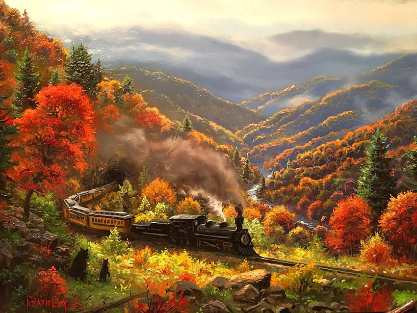 Влак при реката, цветен, атракции в сънищата, картини, опушена планина, любов четири сезона, есен, влакове, планини, есенен сезон, реки HD тапет