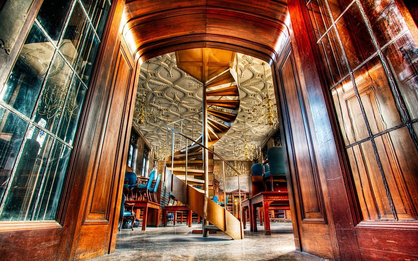 spiral staircase in a library r, chairs, wood, ceiling, r, library, staircase HD wallpaper