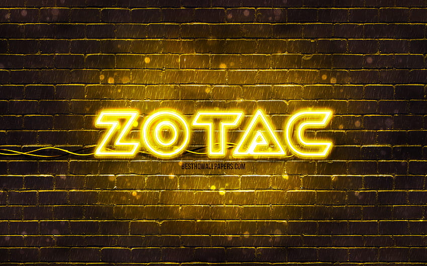 Zotac yellow logo, , yellow brickwall, Zotac logo, brands, Zotac neon logo, Zotac HD wallpaper