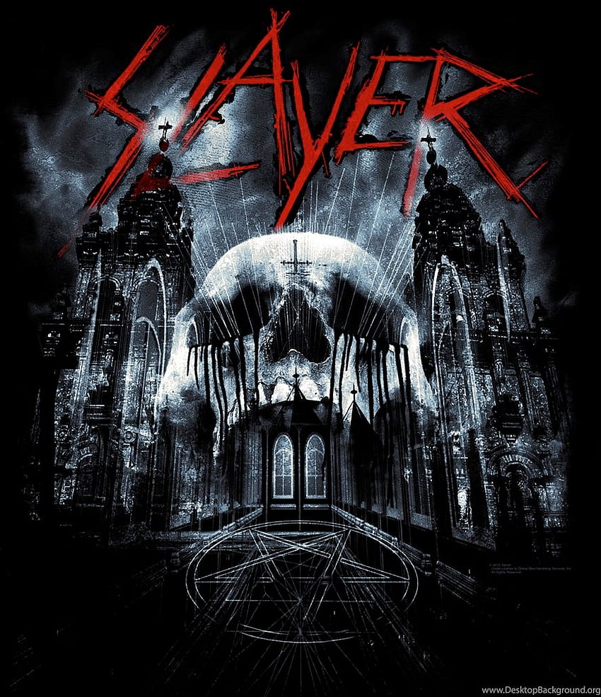 Banda Slayer obcecada com fundo de caveiras, logo Slayer Papel de parede de celular HD