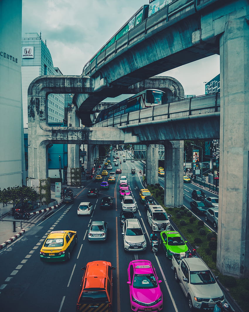 Auto, automobili, città, strada, traffico, ponte, Tailandia Sfondo del telefono HD