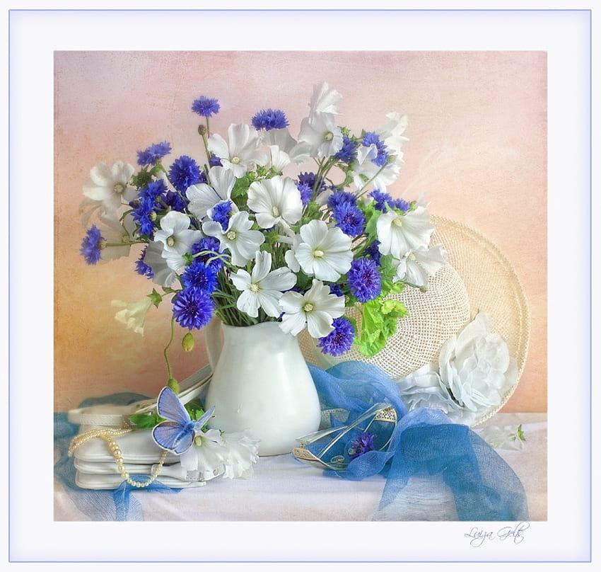 still life, blue, bouquet, graphy, bags, beauty, nice, delicate, butterfly, sunglasses, wallet, wall, hat, table, white, vail, beads, vase, flower vase, beautiful, pretty, flowers, scarf, lovely, harmony HD wallpaper