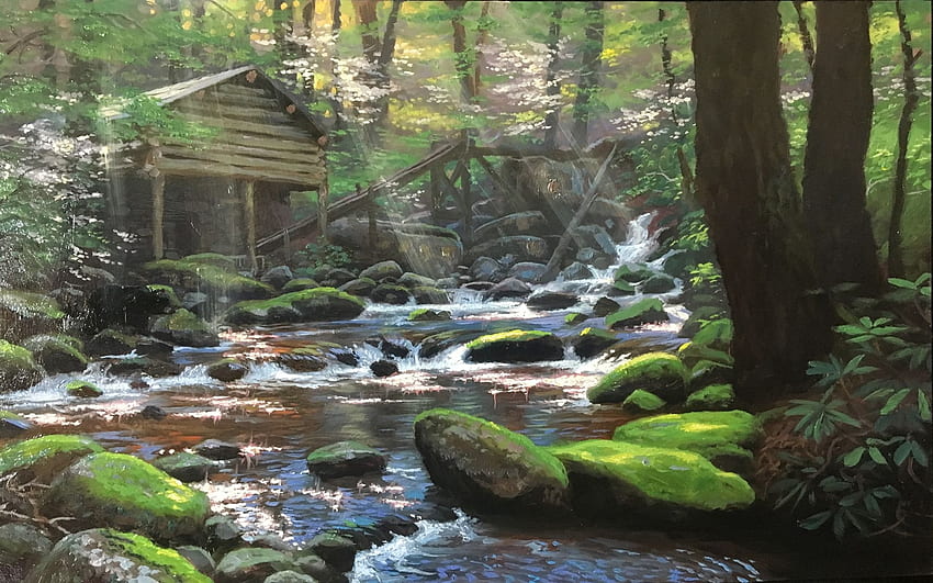 Ogle's Mill, artwork, creek, painting, trees, forest, stones HD wallpaper