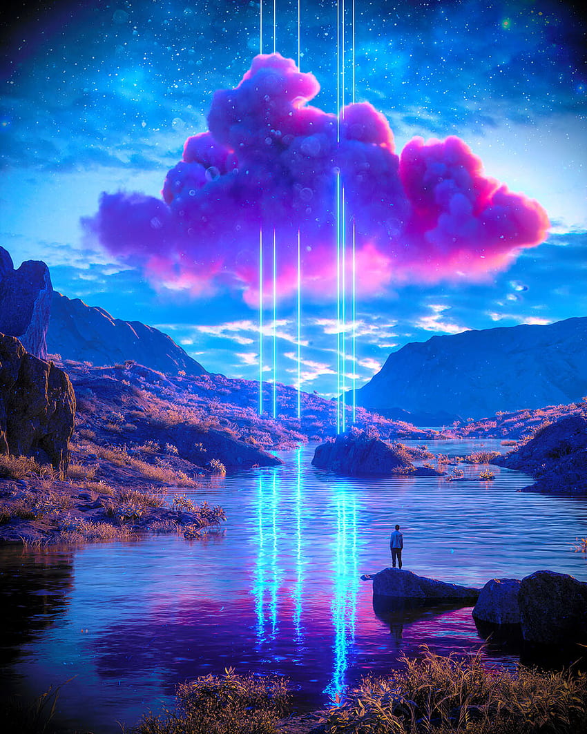 삽화 디지털 아트 자연 네온 산 호수 구름 - 해상도:, 1080x1350 HD 전화 배경 화면
